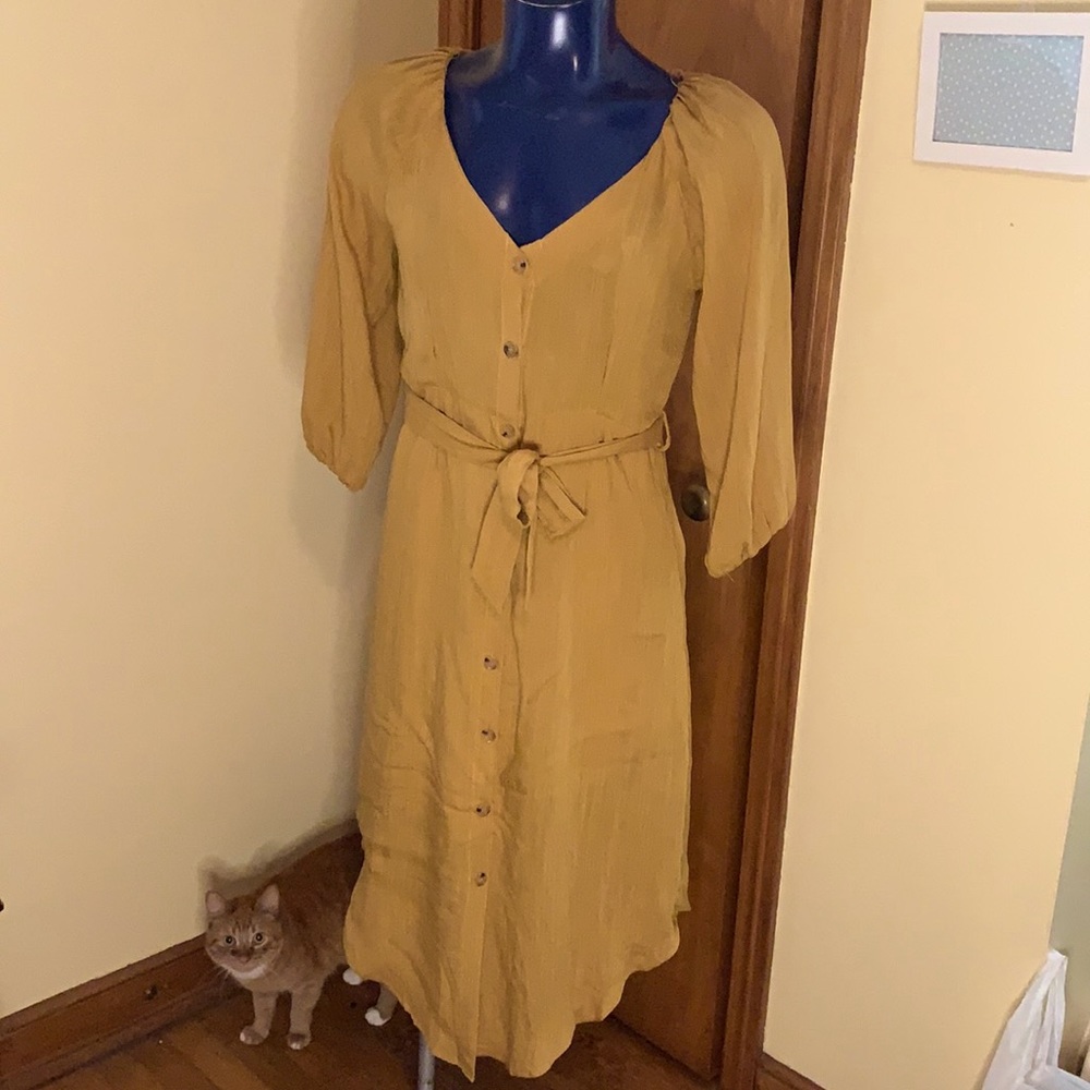 Pinkblush Mustard Button Front 3/4 Sleeve Midi Dress (cat not included 🤣)
